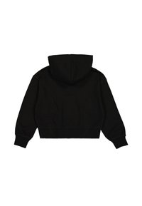 Haut à capuche noir coupé, avec une large taille élastique, des manches longues et un cordon de serrage pour la capuche. Texture douce et design minimaliste.
