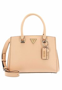 Beige textured synthetic handbag with dual top handles, adjustable shoulder strap, silver hardware, and logo accents. Compact and structured design.