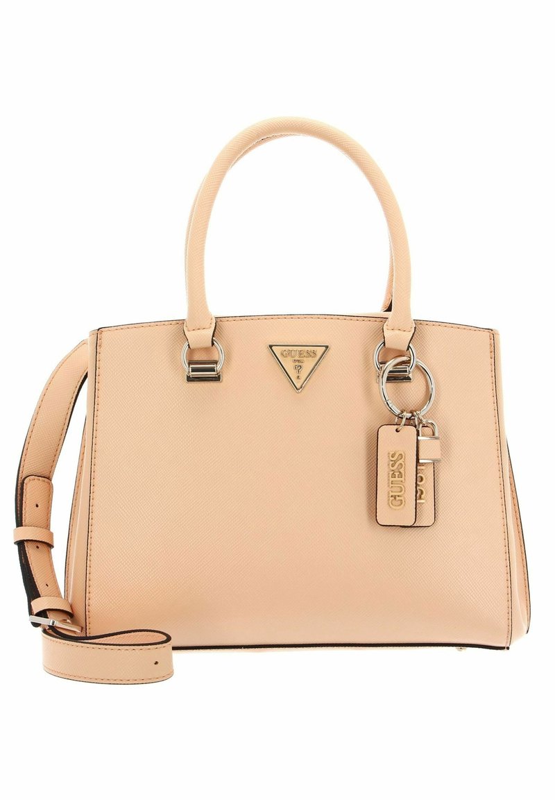 Beige textured synthetic handbag with dual top handles, adjustable shoulder strap, silver hardware, and logo accents. Compact and structured design.