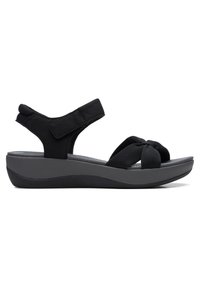 Sandale compensée noire rembourrée avec bride de cheville ajustable et brides avant en tissu torsadé sur une semelle grise et noire.