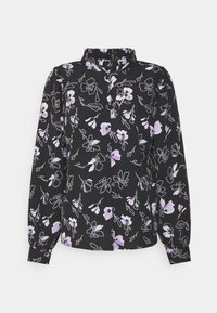 Maglietta nera a maniche lunghe con colletto alto, caratterizzata da un motivo floreale in lavanda e bianco. Tessuto morbido con chiusura a bottoni frontale.