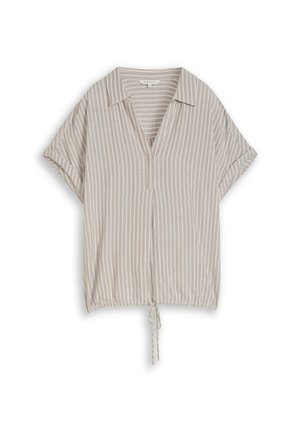 Beige blouse met korte mouwen, witte verticale strepen, V-hals en verstelbare trekkoordzoom.