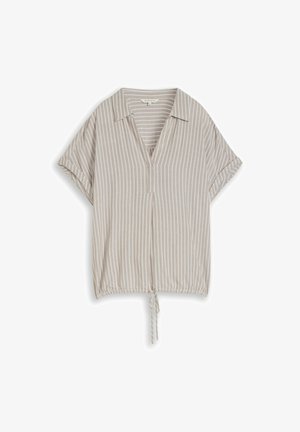 Beige blouse met korte mouwen, witte verticale strepen, V-hals en verstelbare trekkoordzoom.