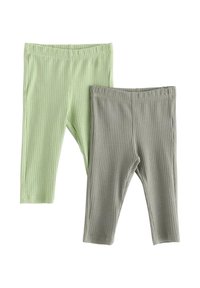 Due paia di leggings a coste: uno verde chiaro e uno grigio, con una fascia elasticizzata in vita e una vestibilità aderente, adatti per un abbigliamento casual.