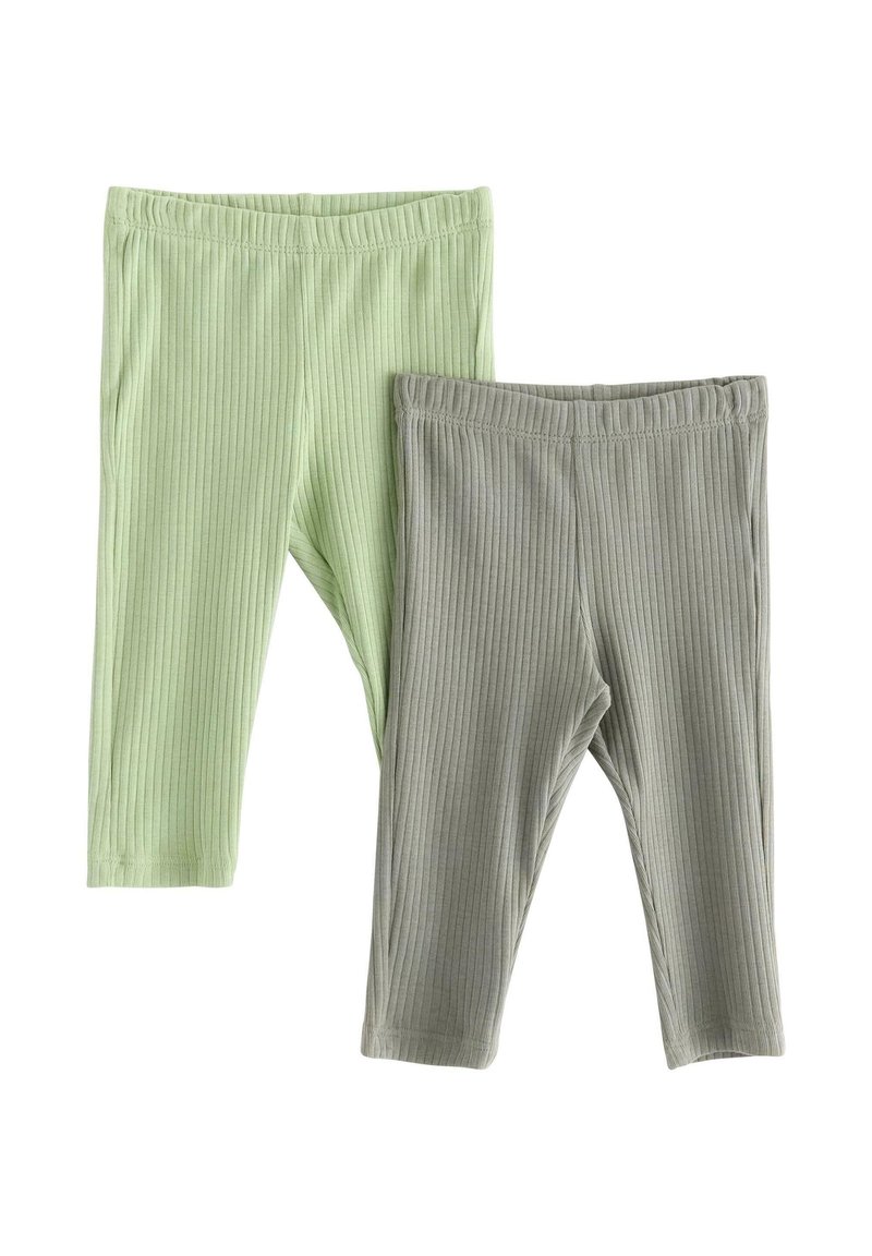 Due paia di leggings a coste: uno verde chiaro e uno grigio, con una fascia elasticizzata in vita e una vestibilità aderente, adatti per un abbigliamento casual.
