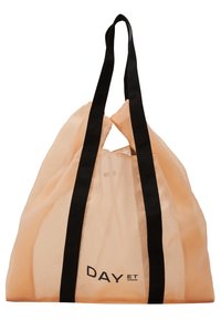 Peach mesh tote bag with black fabric straps, featuring a rectangular shape and "DAY ET" logo printed on the front. Semi-transparent texture.