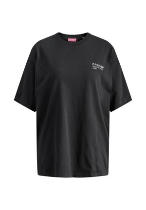 Black cotton T-shirt with a relaxed fit, short sleeves, round neck, and a small white printed logo on the left chest area.