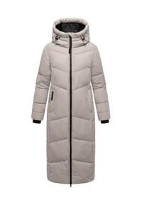 Pardesiu invernale lungo di colore grigio chiaro, imbottito, con cappuccio, cerniera nera e tasche laterali, progettato per il freddo.