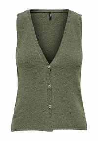 Gilet verde oliva realizzato in tessuto testurizzato, con scollo a V e chiusura frontale con cinque bottoni. Design senza maniche.