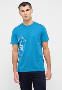 Short-sleeve, round-neck t-shirt in bright blue cotton, featuring a white horse graphic on the left side. Plain back, smooth texture.