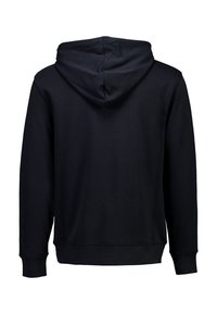 Zwarte hooded sweatshirt met een gladde textuur, lange mouwen en een kangoeroe-pocket. Heeft een eenvoudig ontwerp zonder patronen of accenten.