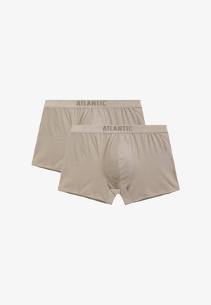 Beżowe bawełniane majtki w formie bokserków o miękkiej fakturze, z elastycznym pasem oznaczonym napisem "ATLANTIC" oraz funkcjonalnym otwarciem z przodu.