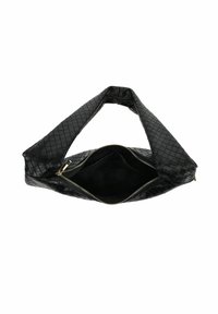 Melna austā ādas rokassomu ar rāvējslēdzēja augšu, izliekta roktura un mīkstu melnu iekšpusi. Iezīmējas ar taisnstūra formu un strukturētu virsmu.