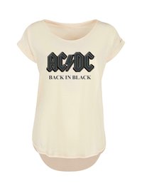 Svjetlosmeđa majica s kratkim rukavima i izrezom u obliku scoop gola. Ima crnu AC/DC grafiku i tekst "BACK IN BLACK" u podebljanom fontu. Mekana tekstura.