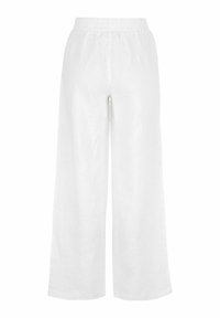 Witte wijde linnen broek met een elastische tailleband en een gladde textuur, met een rechte snit en zonder zichtbare zakken.