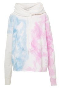 Mikina s kapucí bílého základu, modrými a růžovými tie-dye vzory, dlouhými rukávy, přední kapsou typu "klokan" a stahovací kapucí.