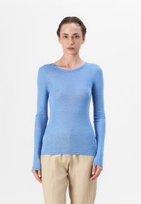 Hellblaues Langarmshirt aus einem weichen, leichten Stoff mit Rundhalsausschnitt, taillierter Passform und subtiler Textur.