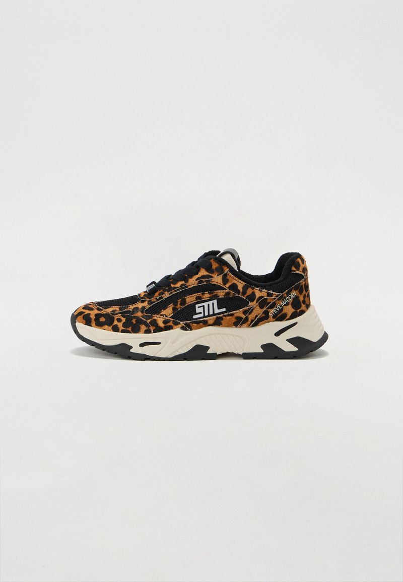 Leopard-print sneaker with black mesh accents, thick white midsole, and black rubber outsole. Features logo on side and lace-up design.