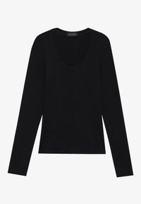 Langärmliges schwarzes T-Shirt aus weichem Stoff mit Rundhalsausschnitt, figurbetontem Schnitt und minimalistischem Design ohne Muster oder Akzente.