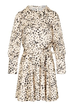 Beiges Langarmkleid mit schwarzem Leopardenmuster, mit Rundhalsausschnitt und Taillengürtel.