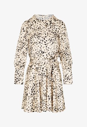 Long-sleeve beige dress with black leopard print, featuring a round neck and a waist tie belt.