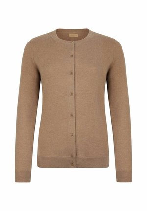Ljusbrun långärmad ullcardigan med rund halsringning och framknäppning med sju knappar.
