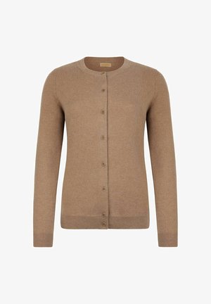 Ljusbrun långärmad ullcardigan med rund halsringning och framknäppning med sju knappar.