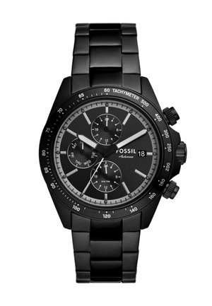 Montre chronographe en acier inoxydable noir avec finition mate, dotée d'un cadran noir, de trois sous-cadrans, et d'une lunette tachymétrique.