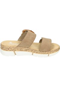 Sandales à glissières en suède beige avec deux larges brides et une semelle intermédiaire texturée en liège. La semelle extérieure est blanche avec un motif texturé. Détail accent rond.