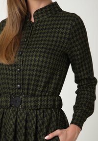 Robe en pied-de-poule verte et noire avec un devant boutonné, col montant, manches longues et taille cintrée accentuée par une boucle de ceinture noire.