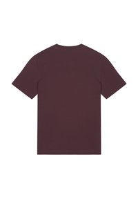 Bordeauxfarbenes Baumwoll-T-Shirt mit Rundhalsausschnitt und kurzen Ärmeln. Der Rücken ist schlicht gehalten und bietet eine glatte Textur sowie ein einfaches Design.
