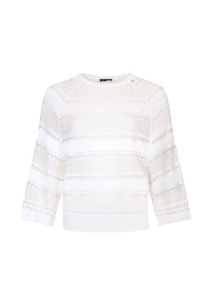 Maglione bianco lavorato a maglia con strisce orizzontali traforate in pizzo e maniche a tre quarti, con scollo rotondo.