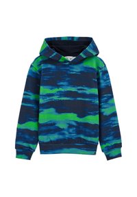 Hoodie in misto cotone blu e verde con design tie-dye, caratterizzato da cappuccio, maniche lunghe e vestibilità rilassata con orlo e polsi a coste.
