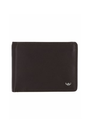 Brown leather bifold wallet with visible stitching and a small silver logo on the bottom right corner against a white background.