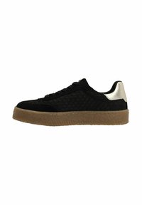 Black suede sneaker with a textured pattern, featuring a gum sole and a metallic silver heel accent. Laces at the front for fastening.
