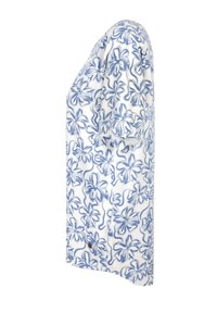 Weißes Kurzarmhemd mit blauem Blumenmuster, locker geschnitten und mit weicher Textur. Leicht abgerundeter Saum und keine sichtbaren Befestigungen.