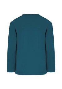 Long-sleeve shirt in teal fabric. Features a round neckline, straight hem, and stitched cuffs. Minimalist design, solid color without patterns.