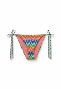 Bikini-Unterteil mit mehrfarbigem Zickzack-Muster in Pink, Blau, Grün und Orange. Mit Bindebändern an den Seiten und dezenten goldenen Hardware-Elementen.