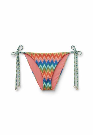 Bikini-Unterteil mit mehrfarbigem Zickzack-Muster in Pink, Blau, Grün und Orange. Mit Bindebändern an den Seiten und dezenten goldenen Hardware-Elementen.
