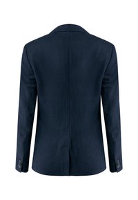 Marinblå kavaj med en slät yta, snedskuren krage, en slits bak och fyra knappdetaljer på varje ärm.