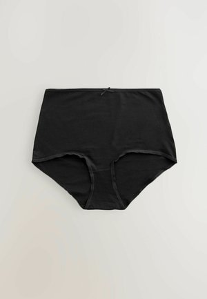 Schwarze hochgeschnittene Unterwäsche aus weichem, glattem Baumwollstoff, mit einem dünnen Bund und nahtlosen Kanten für hohen Tragekomfort.