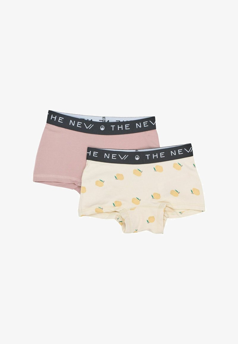Dva para ženskih bokserica, jedan jednobojni u prašnjavo ružičastoj boji, a drugi kremast s uzorkom žutih limuna, obje s crnim elastičnim pojasom na kojem piše "THE NEV".