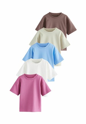Five short-sleeve T-shirts in a vertical arrangement. Colors: brown, light green, blue, white, and pink. Fabric has a smooth texture.