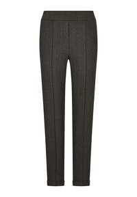 Donker geklede broeken met een visgraatpatroon, elastische tailleband, taps toelopende benen en omgeslagen zoom. Geschikt voor formele gelegenheden.