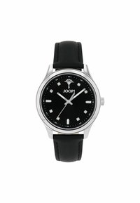 Schwarzes Zifferblatt-Armbanduhr mit silbernem Gehäuse, Diamant-Stundenmarkierungen, drei silbernen Zeigern und schwarzem Lederarmband, Markenname "JOOP!" unter der 12-Uhr-Position.
