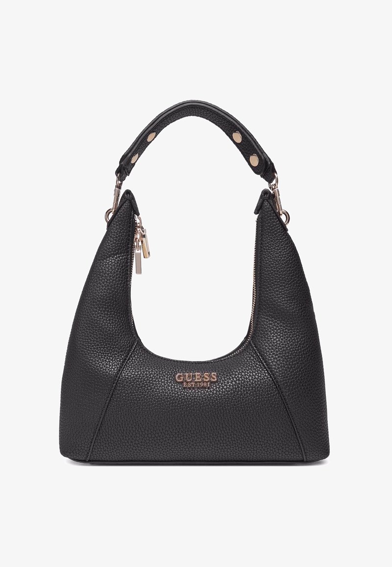 Borsa a tracolla in pelle nera con texture, dalla forma curva, hardware dorato e manico imbottito. Caratterizzata da una chiusura con zip e dettagli con logo.