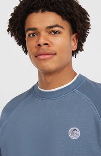 Sininen collegeneule, jossa sileä pinta, pyöreä pääntie ja raglanhihat. Vasemmassa rinnassa on pyöreä logolaatta.