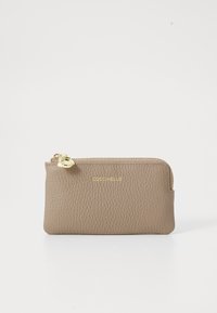 Tan leather zip wallet with textured surface, gold hardware, and embossed logo on the front. Compact rectangular shape.