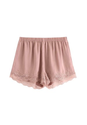 Rosa satinshorts med resårmidja, prytt med spetsdetaljer vid fållen. Slät, lätt tyg med avslappnad passform.