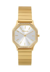 Goldenes achteckiges Armbanduhren mit einem silbernen Zifferblatt, goldenen Stundenmarkierungen und Kristallakzenten auf der Lünette. Verfügt über ein goldenes Metallband mit strukturierten Gliedern.